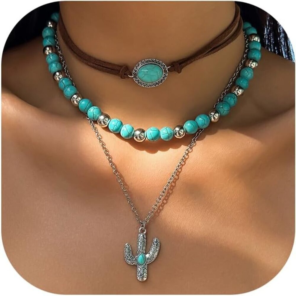 Women's Vintage Turquoise 1 Beaded Western Cactus Cross Chain Necklaces